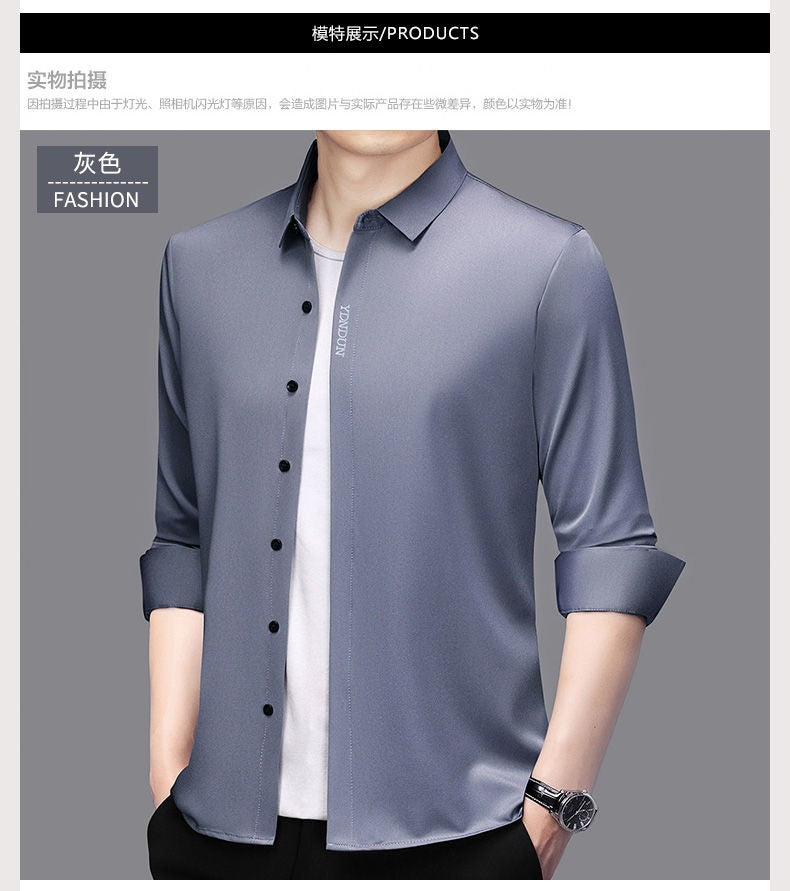 High End Mulberry Silk Men Business Shirt Long Sleeve Button Invisible Elastic Tops Wrinkle Resistant Luxurious Men Shirt