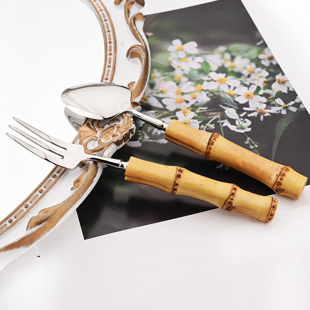 1Pç Conjunto de Talheres de Bambu Natural com Cabo de Aço Inoxidável Utensílios de Mesa Garfos de Jantar Colher Faca Talheres de Cozinha