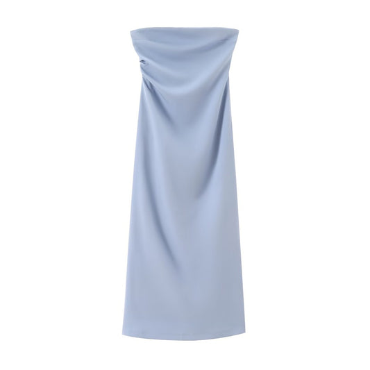 TRZA Women Fashion Strapless Gathered Midi Dress Sexy Straight Neck Back Slit Fe