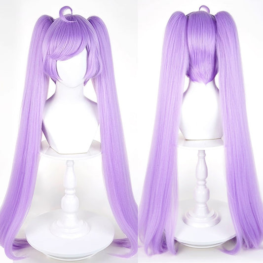 Purple Long Straight Synthetic Double Ponytail Clip Wig with Bangs Anime Game Cosplay Fluffy Wig for Daily Party