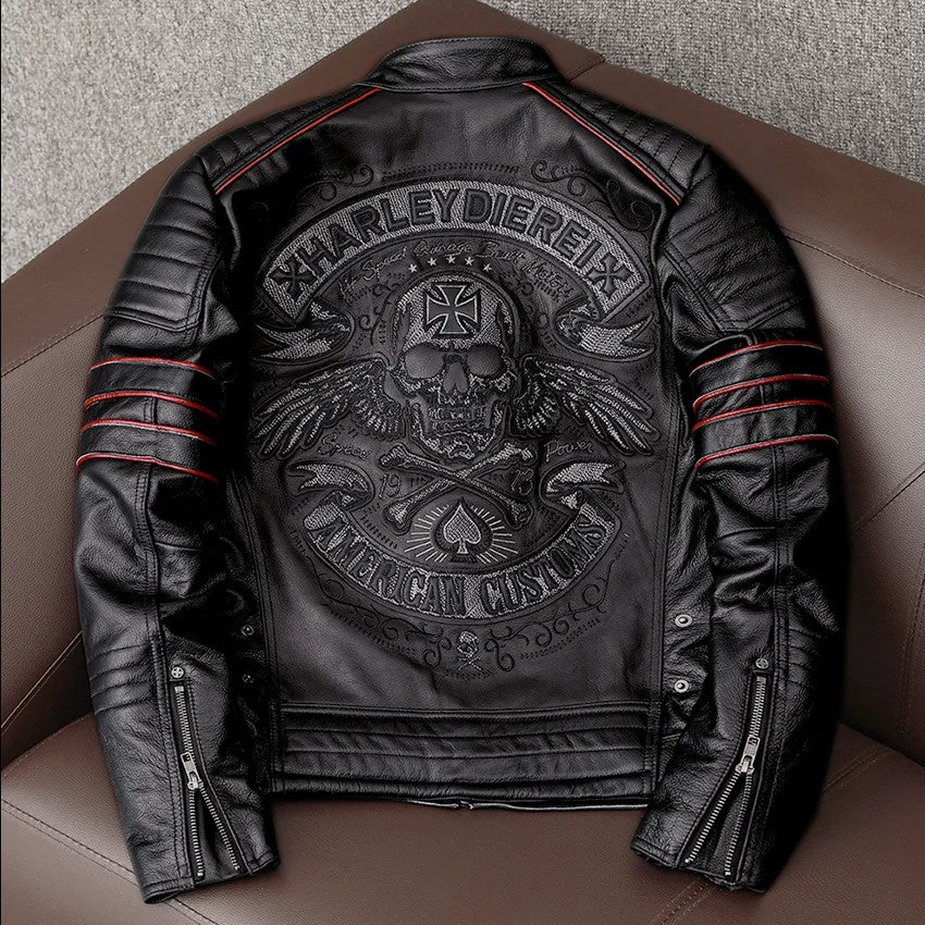 Men's Spring Original Leather Motorcycle Jacket 2025 Skull Embroidery Top Layer Cowhide Clothing Slim Fit Black Slim Male Coat