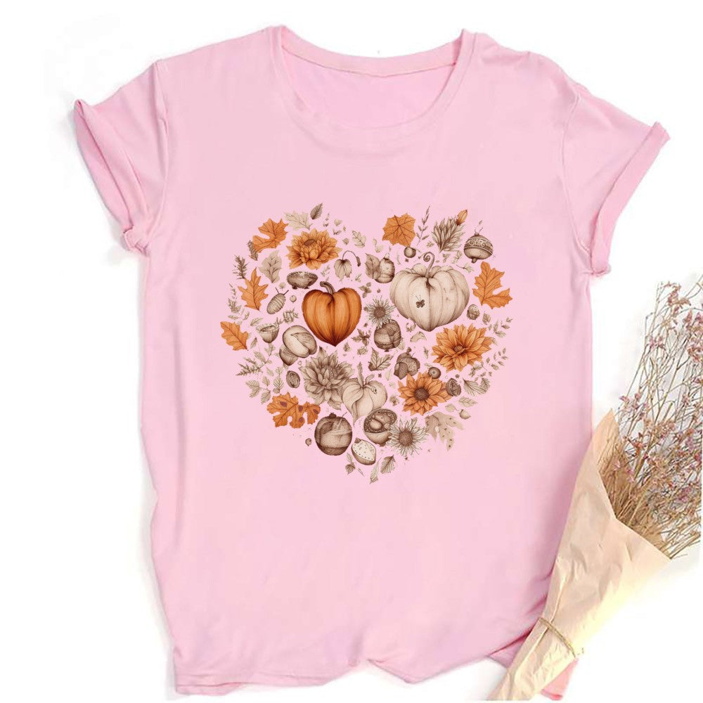 Fall Heart Women's Fall Shirt Pumpkin Season Short Sleeves Thanksgiving Halloween Party Shirts Fashion Women T-shirt Clothes