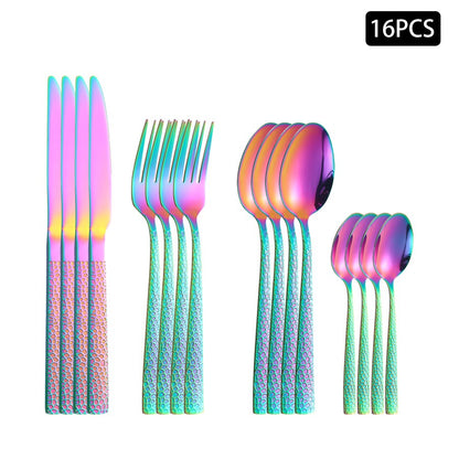 4/6/16/24pcs Stainless steel colored cutlery set Square handle snakeskin cutlery Household knife, fork and spoon combination