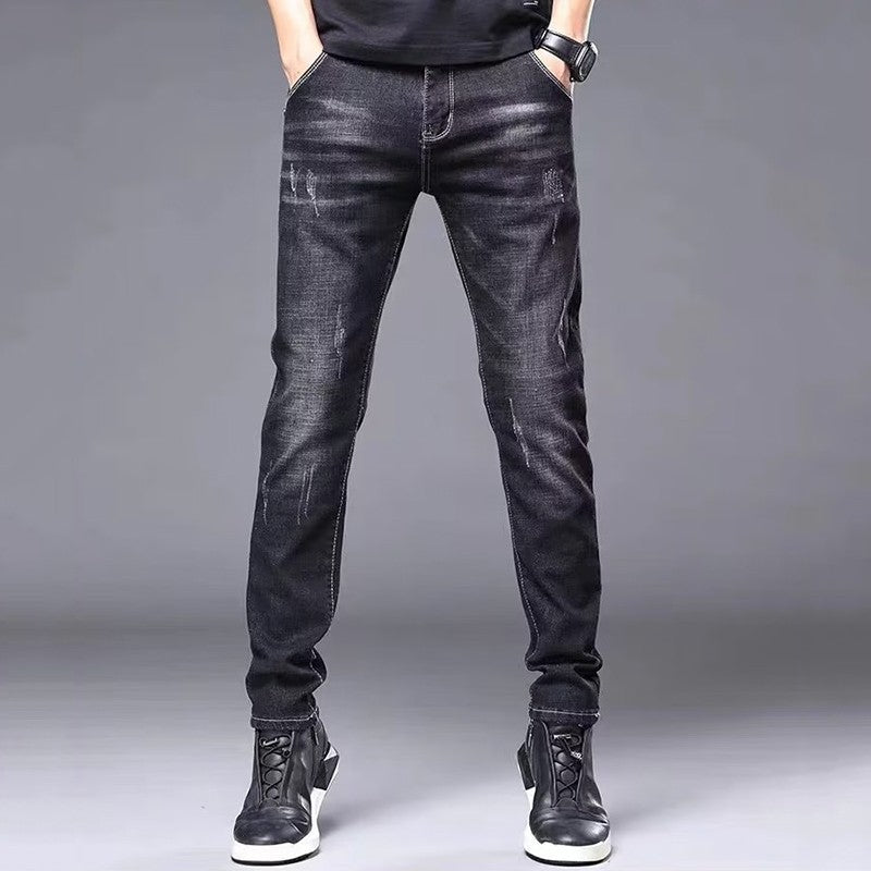 Men's Stylish Classic Business Casual Jeans Four Seasons Wear Black Blue Pants Middle-waist Leggings Denim Fabric Trousers Male