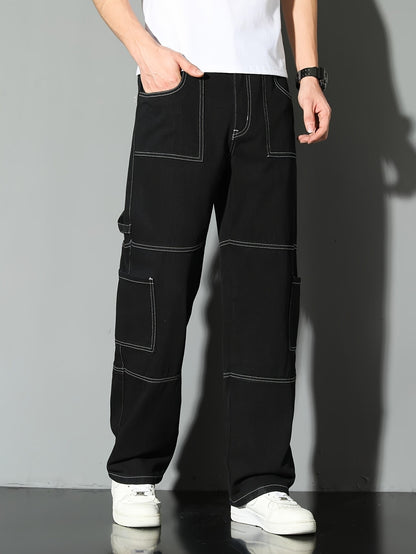 Calça jeans masculina estilo workwear, calça jeans, pernas retas e largas, estilo para todas as estações, lavada com múltiplos bolsos
