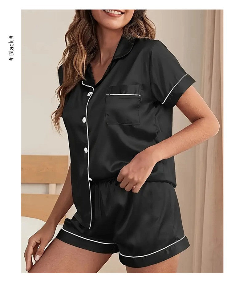 Luxurious Satin Pajama For Women Turn-down Collar Button Top & Shorts Sleepwear & Loungewear for Summer Home Clothes Suit