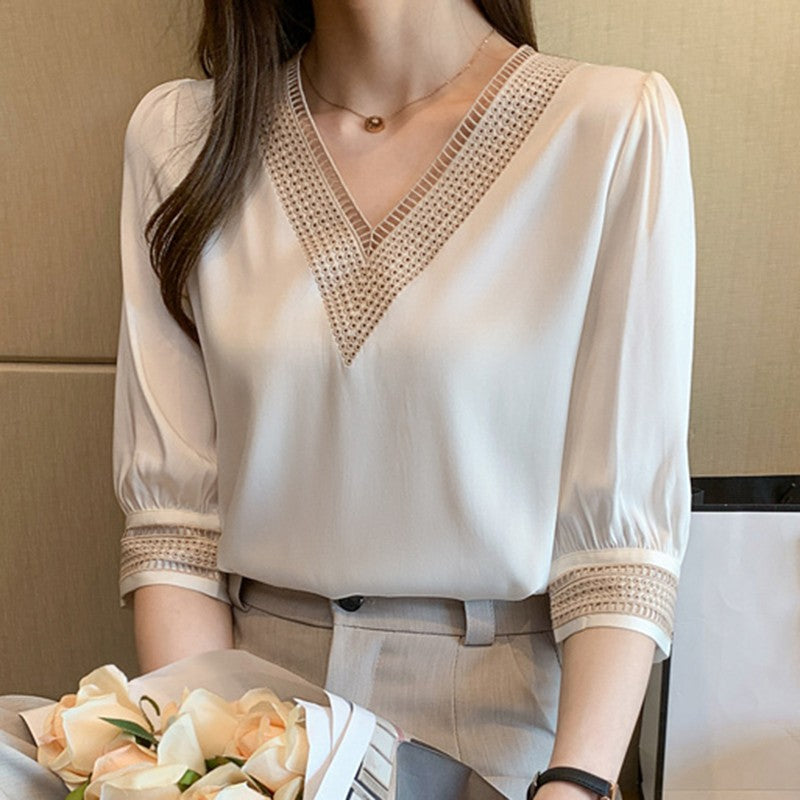 Embroidery Half Sleeve White Lace Women Blouses 2024 Autumn V-Neck Loose Chiffon Tops Shirt Office Lady Elegant Blusas 13366