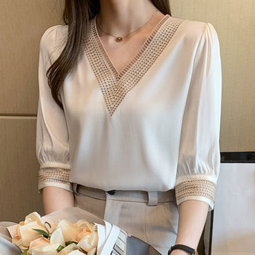 Embroidery Half Sleeve White Lace Women Blouses 2024 Autumn V-Neck Loose Chiffon Tops Shirt Office Lady Elegant Blusas 13366