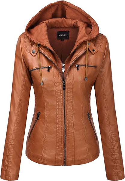 Hooded Leather Jacket Two-Piece Set Removable Large Size Leather Jacket for Women Spring & Fall Outwear for Women Pu Washed Leather