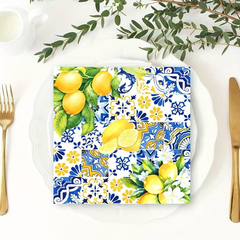 Mediterranean Lemon Blue Disposable Paper Napkins Citrus Floral Printed Table Decor Wedding Bridal Shower Garden Party Supplies