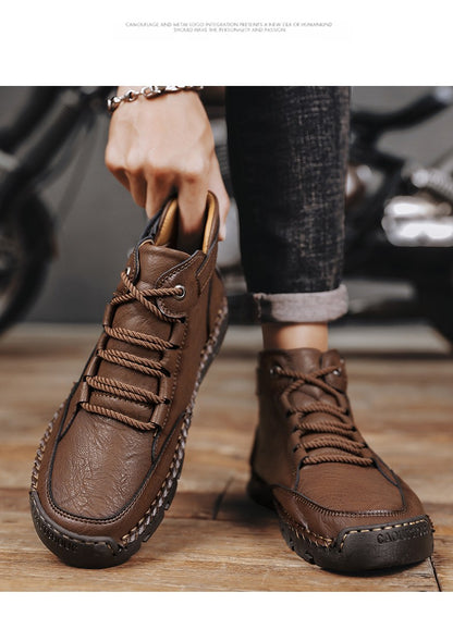 Botas masculinas costuradas à mão, sapatos casuais plus size, botas confortáveis e macias, botas antiderrapantes para uso externo