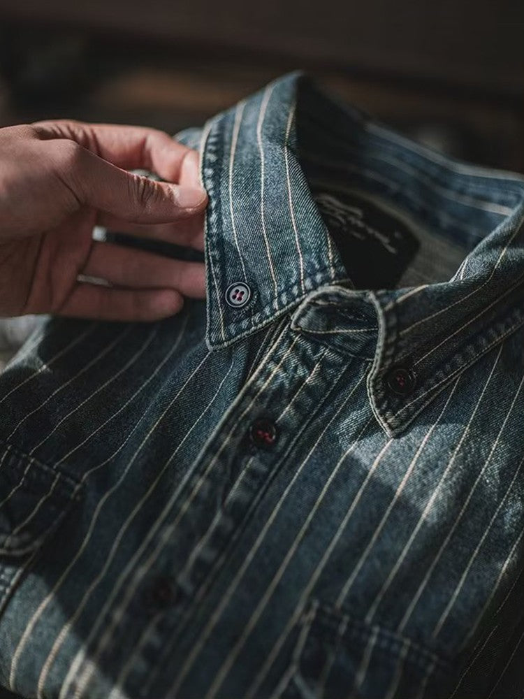 Streetwear Mens Denim Shirts Casual Long Sleeve Buttoned Lapel Striped Blouse Shirt For Men 2025 Spring Casual Cargo Shirt Tops