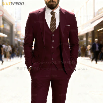 Smart Casual Slim Fit Suit Sets Elegant Notch Lapel Suit Attire 3 Pieces Blazer Vest And Pants Formal Evening Homme Costumes
