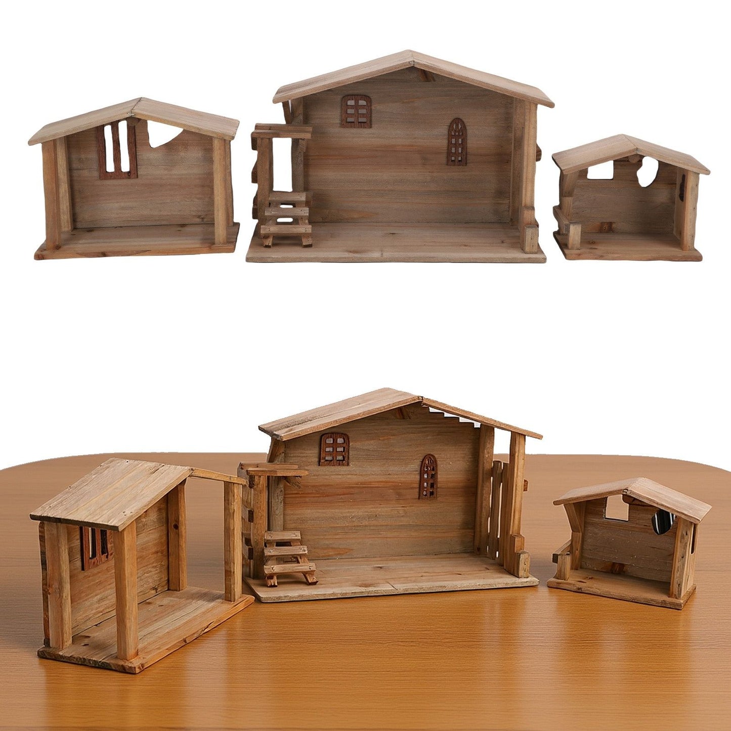 Wooden Christmas Stable Decor - Solid Wood Rustic Stackable House Ornament for Tabletop, Fireplace, Kitchen & Holiday DIY