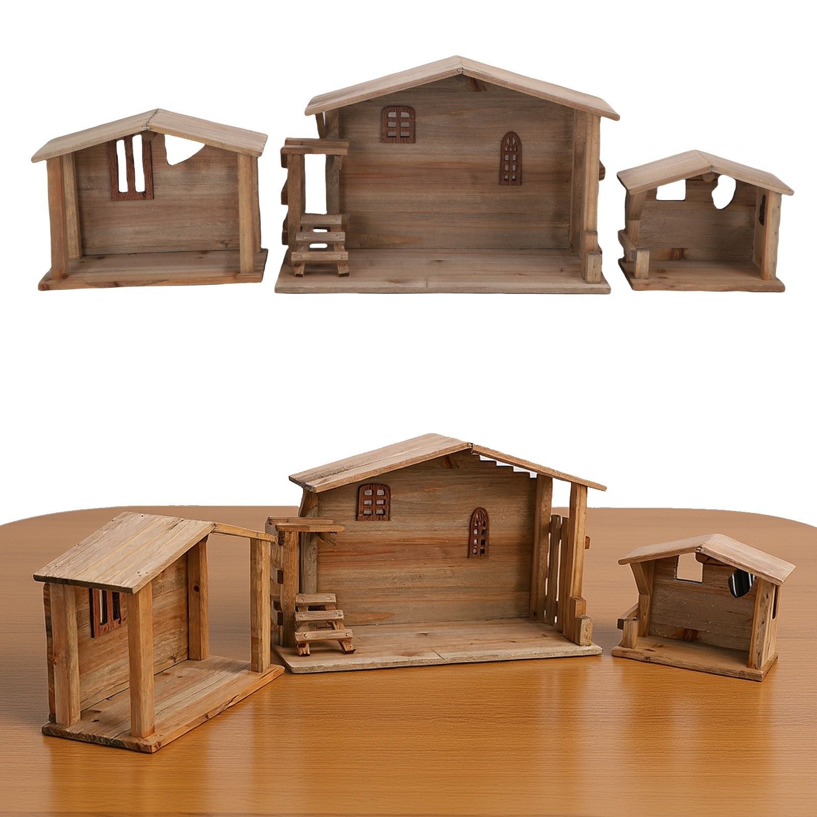 Wooden Christmas Stable Decor - Solid Wood Rustic Stackable House Ornament for Tabletop, Fireplace, Kitchen & Holiday DIY