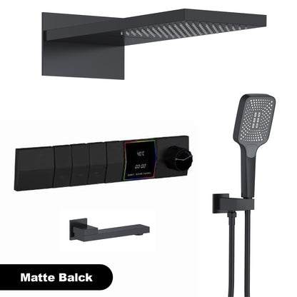 Sistema de chuveiro de parede com temperatura constante em latão cinza chumbo, montado na parede, com display digital LED, torneira de banheiro com água quente e fria