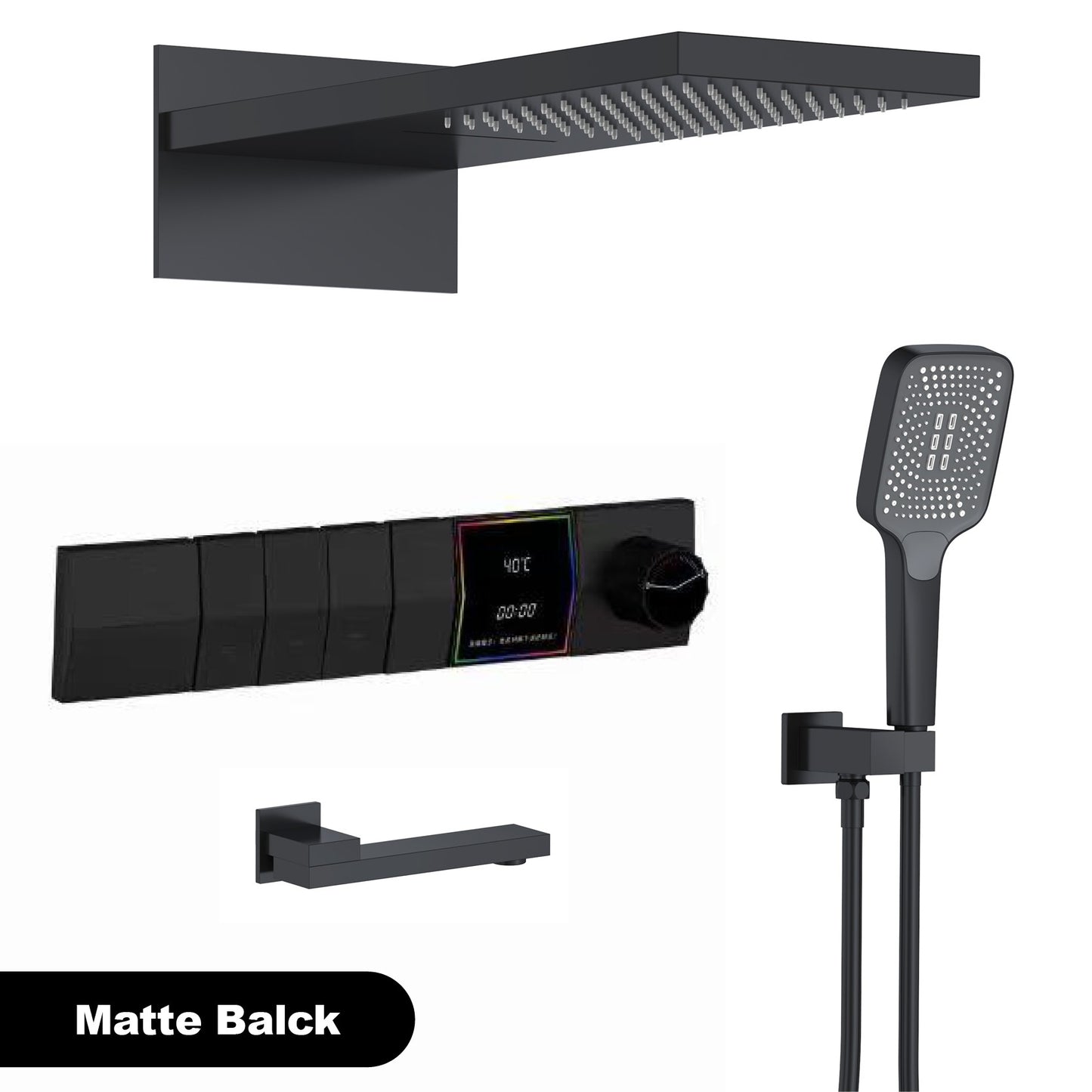 Sistema de chuveiro de parede com temperatura constante em latão cinza chumbo, montado na parede, com display digital LED, torneira de banheiro com água quente e fria