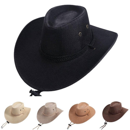 Linen Western Cowboy Hat Beach Cap Wide Brim Summer Sun Hat Outdoor Visor Cap Sun Protection Cap Beach Sunscreen Cap Summer