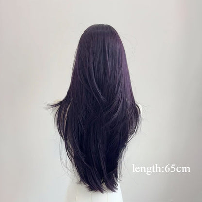 Peruca Ashely Roxo Escuro Feminina 55 cm Cabelo Longo Franja Cortina Camadas Liso Natural Cabelo Sintético Cosplay Perucas Lolita
