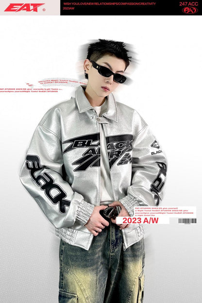 Heavy Duty Embroidered Men's Motorcycle Leather Jacket, Silver Edgy Aesthetic Windbreaker for Men, Autumn Fashion Mans Clothes