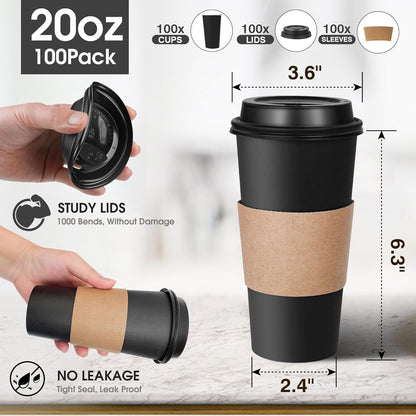 100 Copos de Café Descartáveis de 20 oz com Tampas e Luvas, Copos de Viagem Pretos Isolados e à Prova de Vazamento para Cafeterias, R