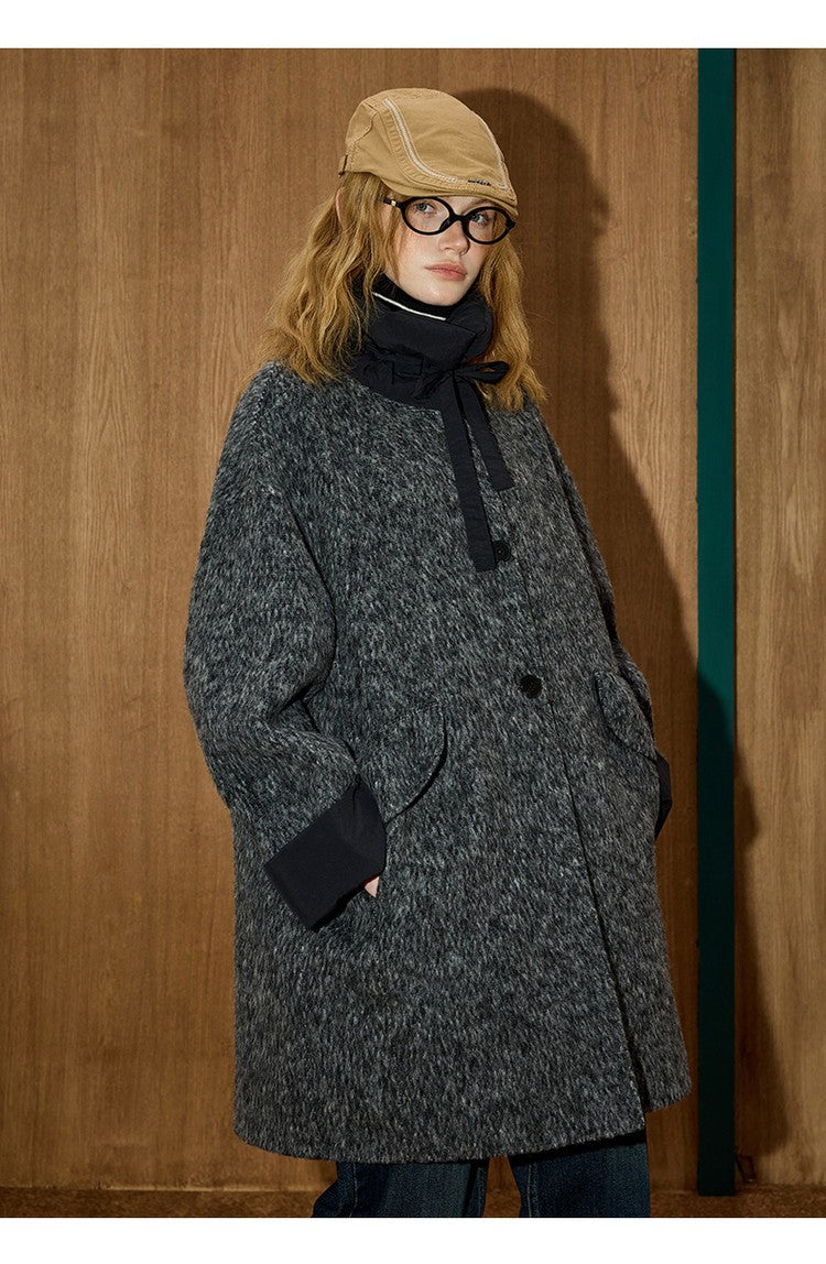 2025 Winter Women's Long Trench Coat Double Faced Wool Blend Parka Unique Patchwork Design Warm Down Filled Overcoat Outerwear