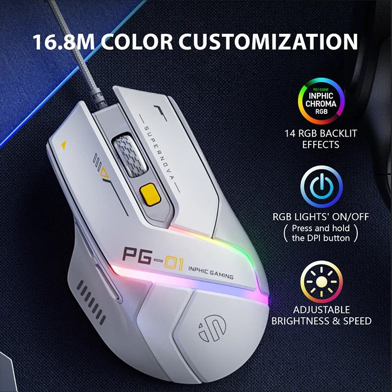 Mouse Inphic PG1 com Fio para Escritório/Jogos com 12 Efeitos de Iluminação RGB e 12800DPI, Adequado para Desktops e Laptops