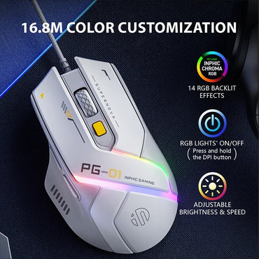 Mouse Inphic PG1 com Fio para Escritório/Jogos com 12 Efeitos de Iluminação RGB e 12800DPI, Adequado para Desktops e Laptops