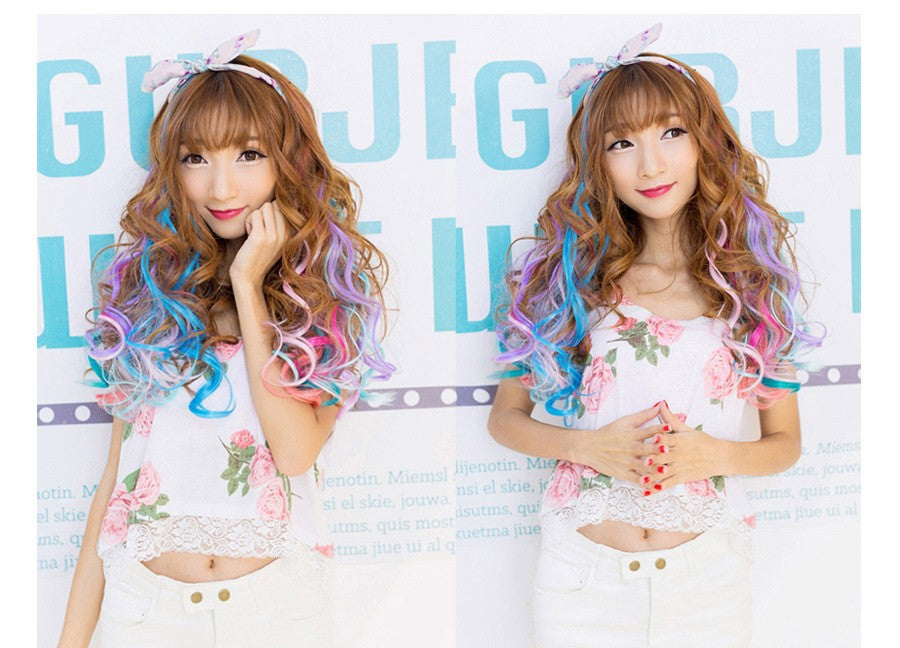 Cabelo Sintético Arco-Íris Ondulado, Extensões de Cabelo Longas, Extensões de Cabelo com um Único Clipe, Perucas Coloridas de Fibra Sintética, Cabelo Falso 20";;VERDADEIRO;;"Q33,20inches