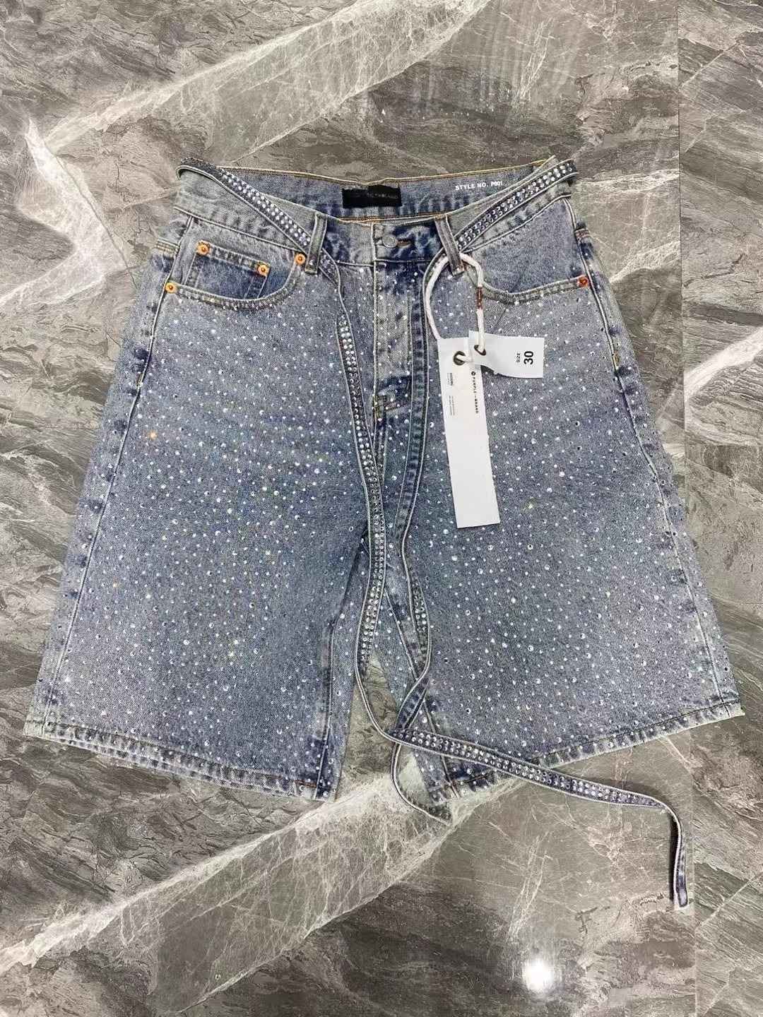 Streetwear Mens Womens Vintage Rhinestone Sequin Denim Shorts Y2K Jeans Hip Hop Washed Baggy Jeans Low Rise Over The Knee Pants