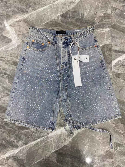 Streetwear Mens Womens Vintage Rhinestone Sequin Denim Shorts Y2K Jeans Hip Hop Washed Baggy Jeans Low Rise Over The Knee Pants