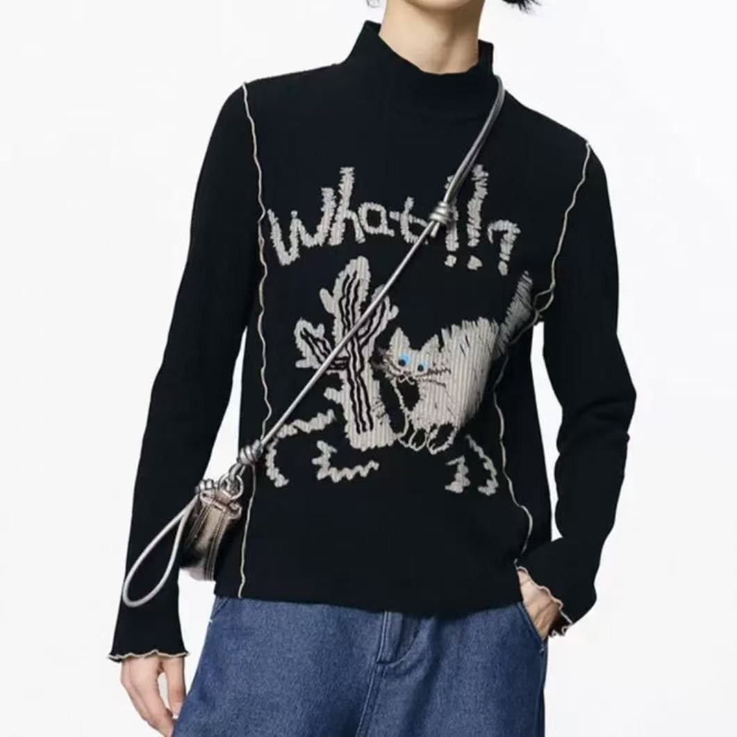 Winter Print T-Shirt Women 2025 - High Neck Cropped Long Sleeve Top, Stretchy Layering Basic Tee, Y2K Bodycon Casual Blouse, Ela