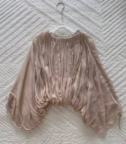 Ladies 100% Silk Elegant Set Pure Color Drawstring Long Sleeve Round Neck Shirt + A-Line Elastic Waist Maxi Skirt Holiday Suits