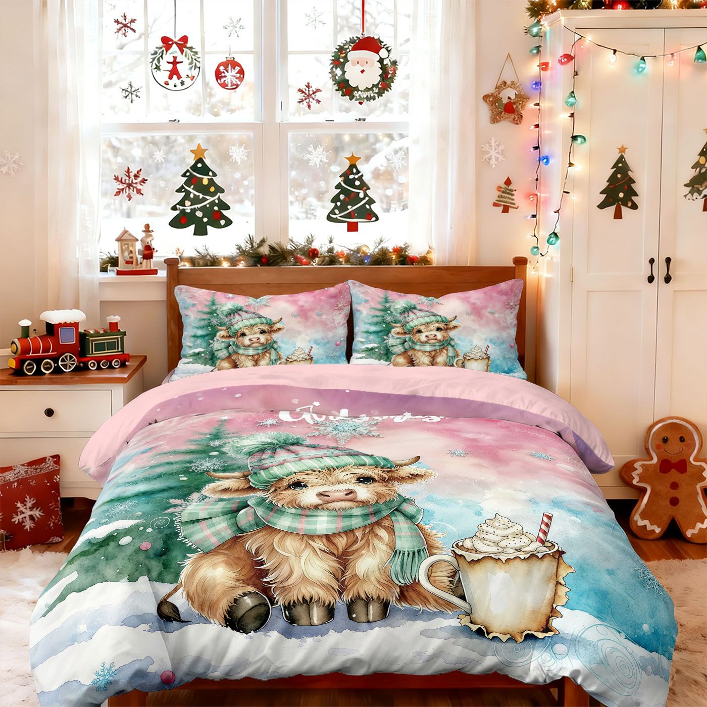 3pcs Christmas Pink Highland Cow Print Coreless Bedding Set Multi Sized Bedding Bedding Decoration Comfortable Machine Washable