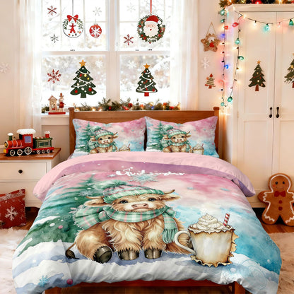 3pcs Christmas Pink Highland Cow Print Coreless Bedding Set Multi Sized Bedding Bedding Decoration Comfortable Machine Washable