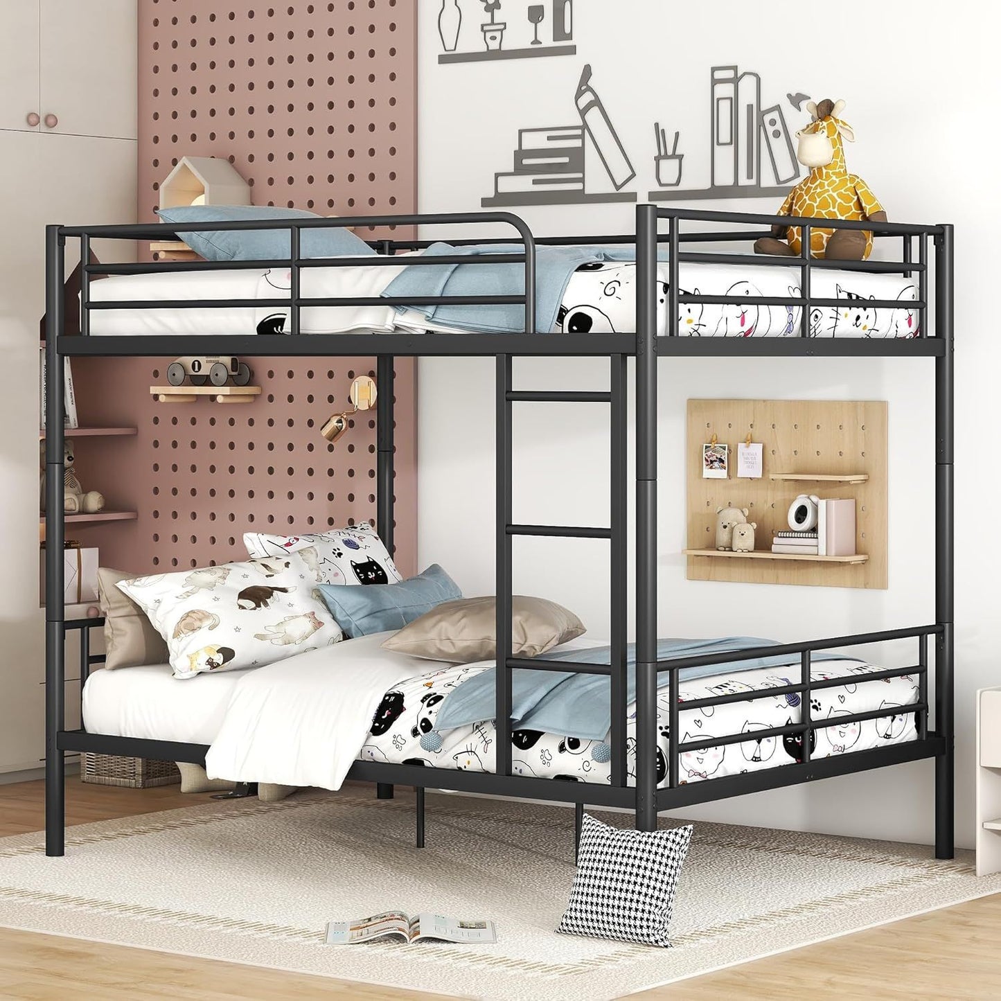 Full Over Full Metal Bunk Bed with Ladder and high Guardrail, Able to Split, Storage Space, No Box Spring Needed, Noise Free