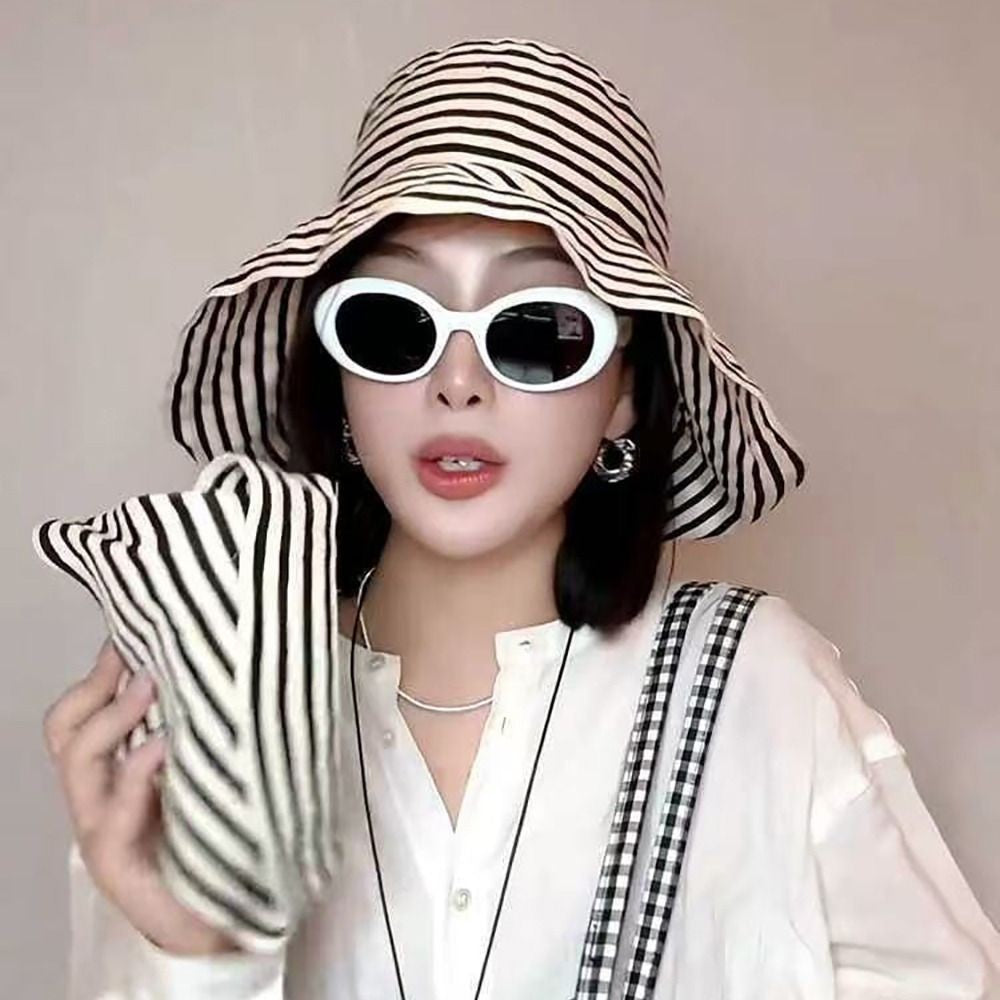 1Pcs Durable Sunproof Striped Bucket Hat Foldable Retro Summer Hat Big Head Circumference Fashion Sunscreen Basin Hat Women