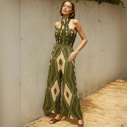 Women Bikini Push Up Swimsuit Halter Neck Geometric Pattern Print One Piece Swimsuit Backless Summer Swimwear Bathing Suit