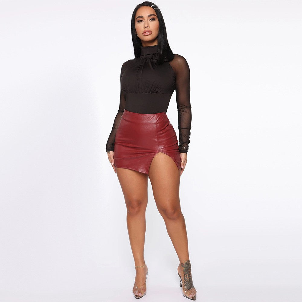 2025 Women Leather Night Clubwear Skirts Summer Pure Color PU-leather Zipper Sexy Hip Leather Mini Skirts