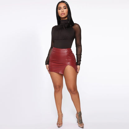 2025 Women Leather Night Clubwear Skirts Summer Pure Color PU-leather Zipper Sexy Hip Leather Mini Skirts