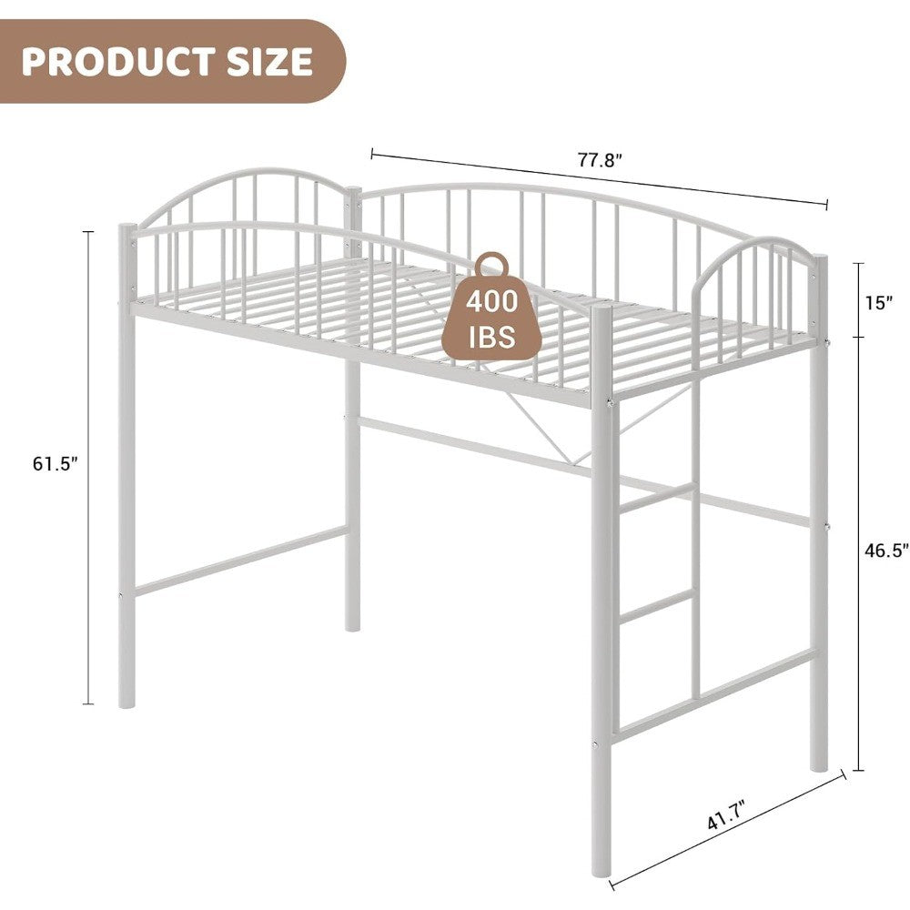 Cama Alta de Metal Resistente Tamanho Solteiro com Escada e Guarda-Corpo Arqueado, Suporte de Estrados de Aço Resistente, Design que Economiza Espaço – Branco