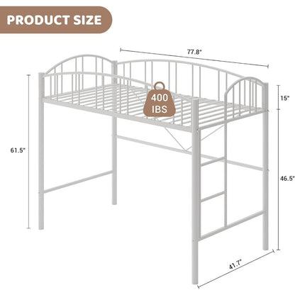 Cama Alta de Metal Resistente Tamanho Solteiro com Escada e Guarda-Corpo Arqueado, Suporte de Estrados de Aço Resistente, Design que Economiza Espaço – Branco
