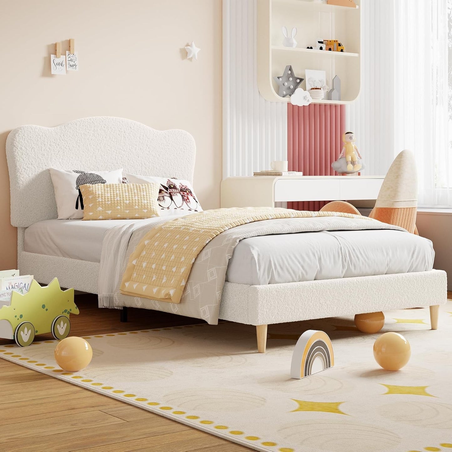 Upholstered Twin Size Bed Frame for Kids with Scallop Headboard, Cute Velvet Twin Bed for Girls, Boys, Sturdy Platform B