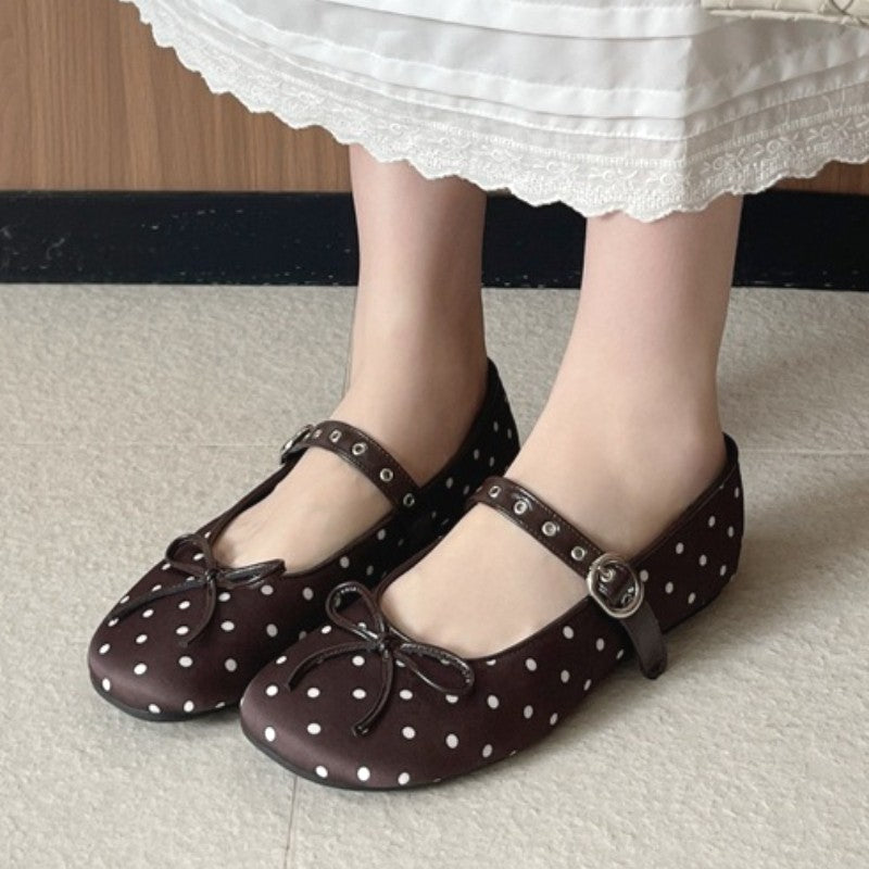 Designer Polka Dot Ballet Flats for Women Sweet Bow Decoration Elegant Mary Jane Shoes Fashion Buckle Shallow Comfort Dress Shoe