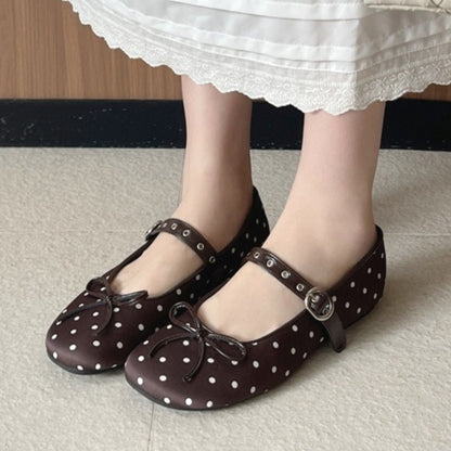 Designer Polka Dot Ballet Flats for Women Sweet Bow Decoration Elegant Mary Jane Shoes Fashion Buckle Shallow Comfort Dress Shoe