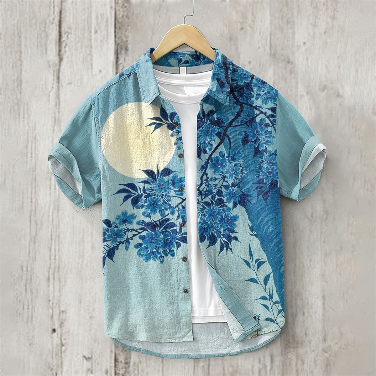 Men's Japanese Text Art 3D Printing Short Sleeved Shirt, Lapel Cardigan, Linen Bamboo knot, Cotton Button, Loose Hawaiian Shirt