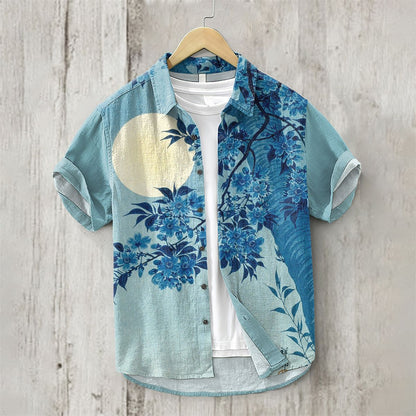 Men's Japanese Text Art 3D Printing Short Sleeved Shirt, Lapel Cardigan, Linen Bamboo knot, Cotton Button, Loose Hawaiian Shirt