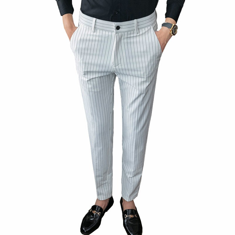 White Vertical Stripes Suit Pants Men, Blue Black Trousers, Fashion Slim Men's Pant Business Pantalones Hombre Autumn New Slacks