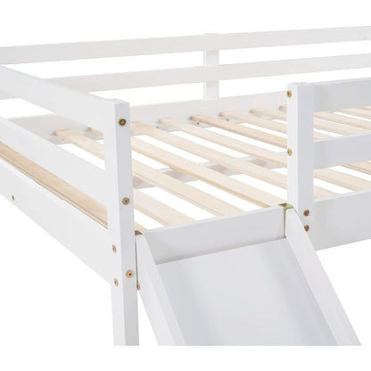 Cama Loft Completa com Escorregador, Cama Loft Baixa com Escada e Grade de Segurança, Estrutura de Cama Loft Completa de Madeira para Crianças, Adolescentes, Meninas e Meninos