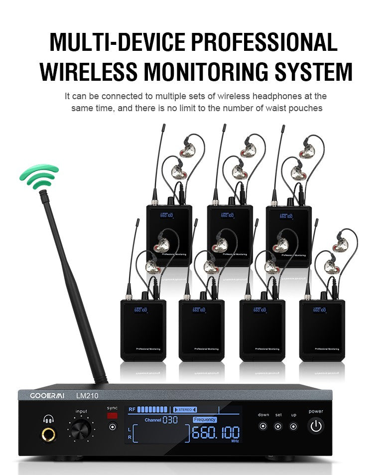 Sistema Sem Fio de Monitoramento Intra-Auricular UHF Gooermi LM210 Canal Estéreo Com Múltiplos Transmissores Para Pequenos Concertos e Home Theater